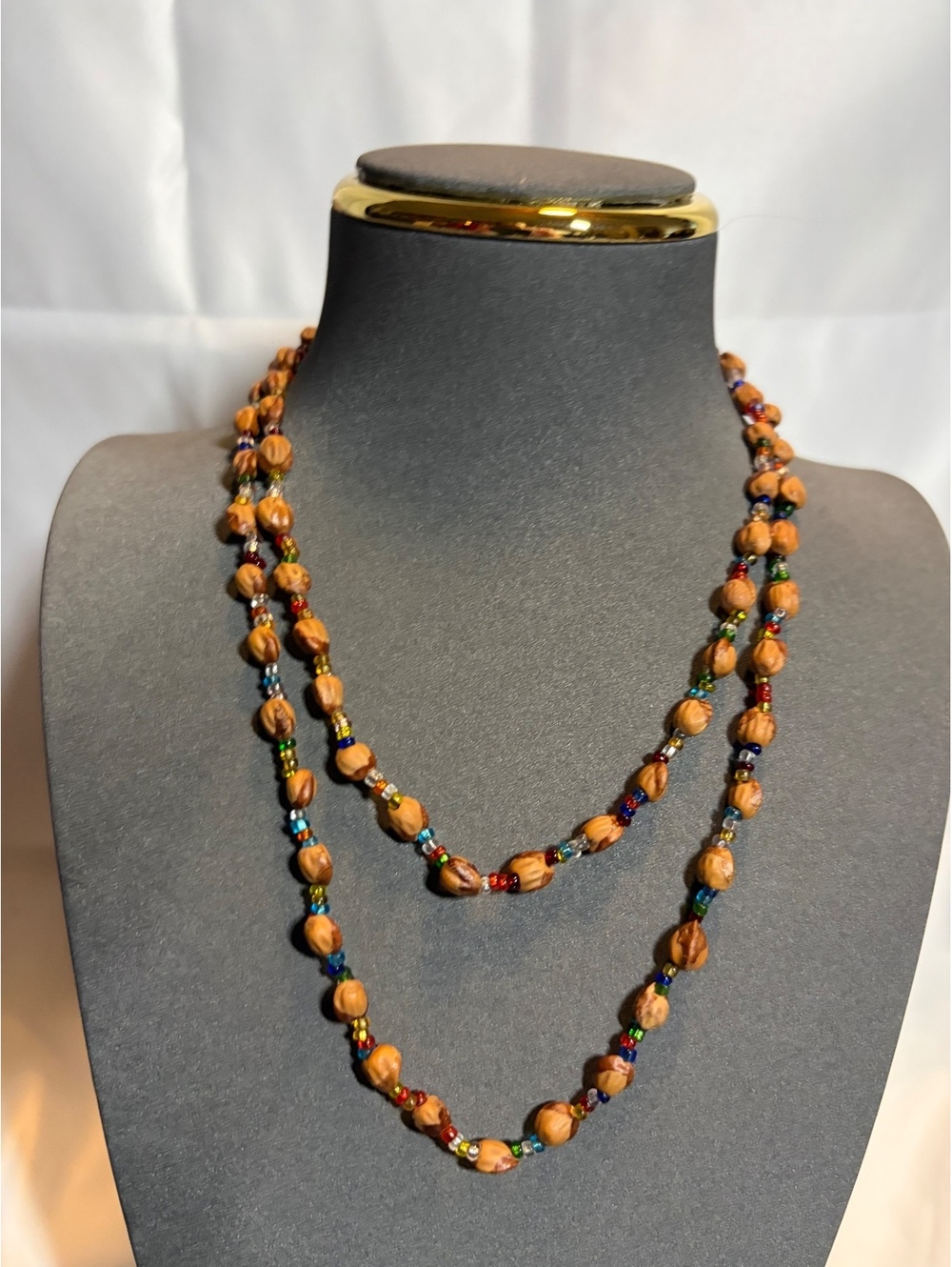 Wood bead necklace with multicolor accent beads